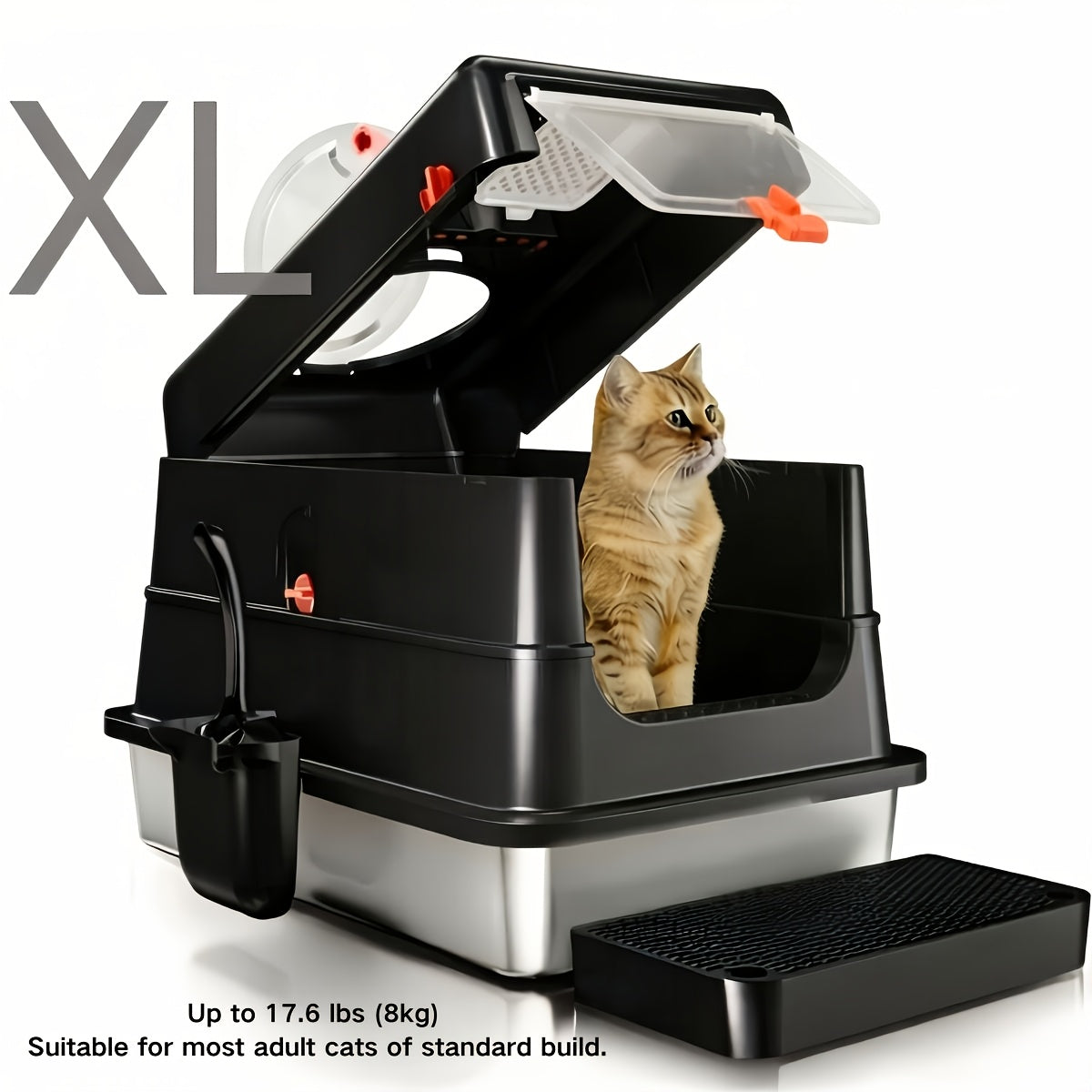 Stainless Steel Cat Litter Box XL Enclosed Odor-Proof with Scoop Step Pedal & Carbon Deodorizer for Large Cats