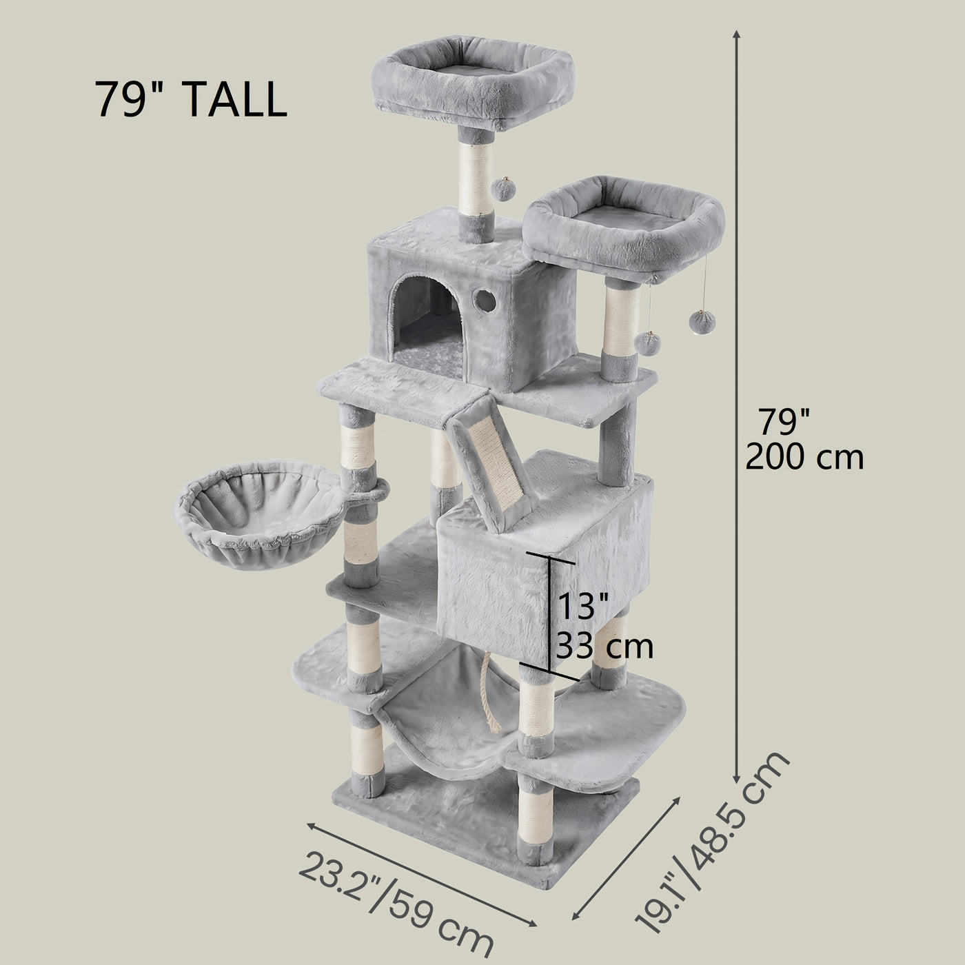 Multi-Level Cat Tree Tower with Cave & Plush Hammock - 44/66/79in Tall Cat Condo, 4 Sisal Scratching Posts, 2 Perches, Anti-Tilt, Pompom Toys for Multi-Cat Families, 5 Colors