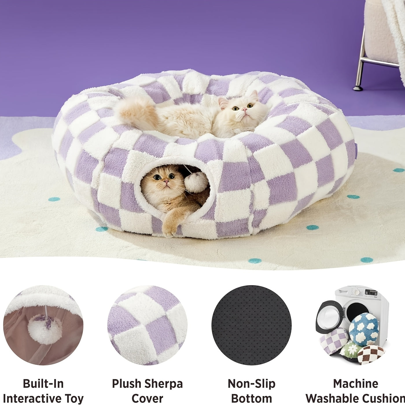 Cat Tunnel Bed Donut Cave with Washable Cushion - Indoor Peekaboo Hideout Toy for Cats Kittens Puppies & Rabbits Small Large