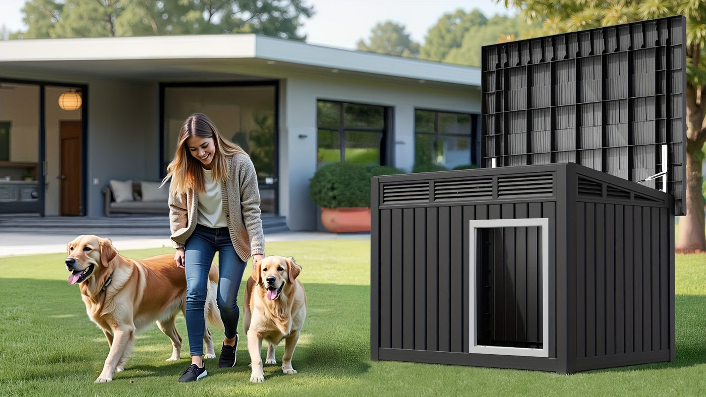 XXXL Outdoor Dog House for Large Dogs – All-Weather Resin Kennel with Gas-Lift Ventilated Canopy, UV-Proof & StormProof Design, Easy Assembly Shelter for Multi-Pet Households