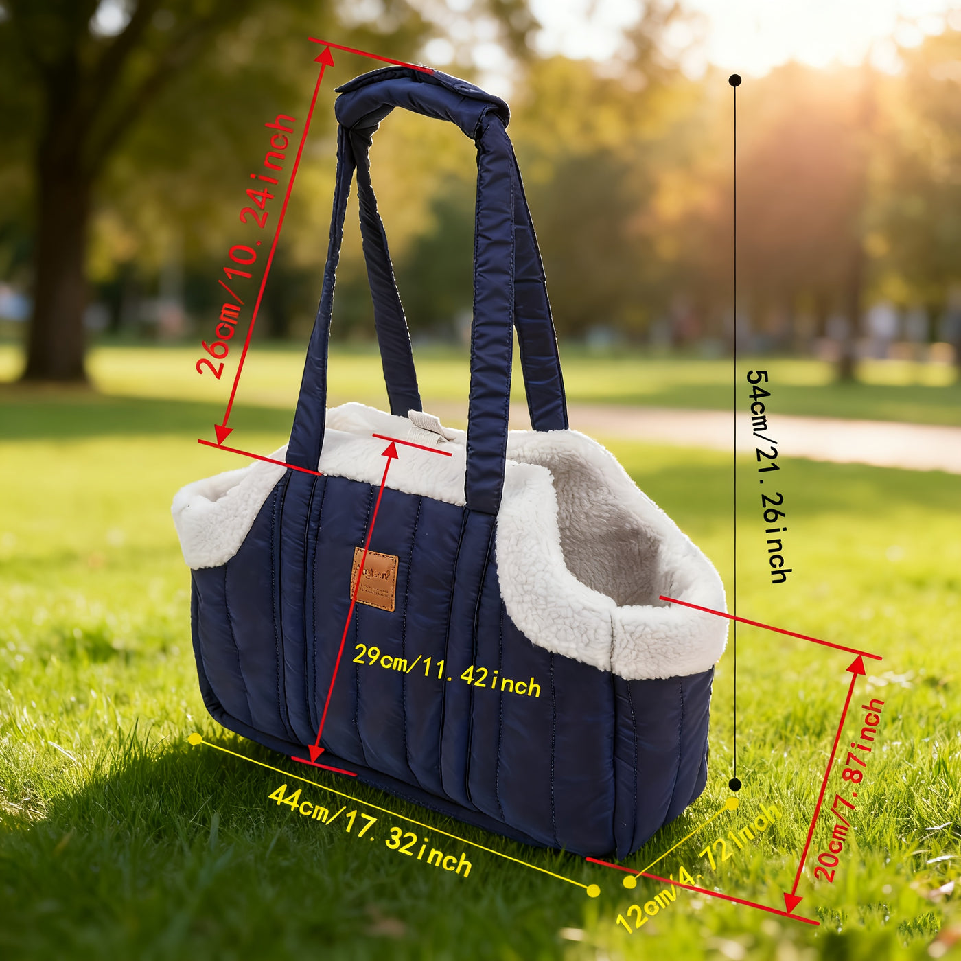 Winter Pet Carrier Handbag Open Top – Cozy Snap Closure Small Dog & Cat Tote Bag for Cold Weather Outdoor Activities, Dark Blue Grey Green Beige