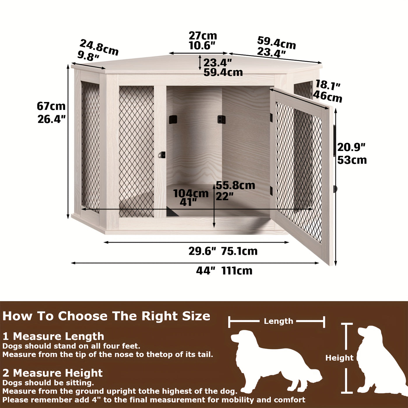 Wooden Dog Crate Furniture End Table with Mesh Door – Indoor Pet Kennel Side Table for Small Medium Dogs, 2 Sizes Brown Grey White