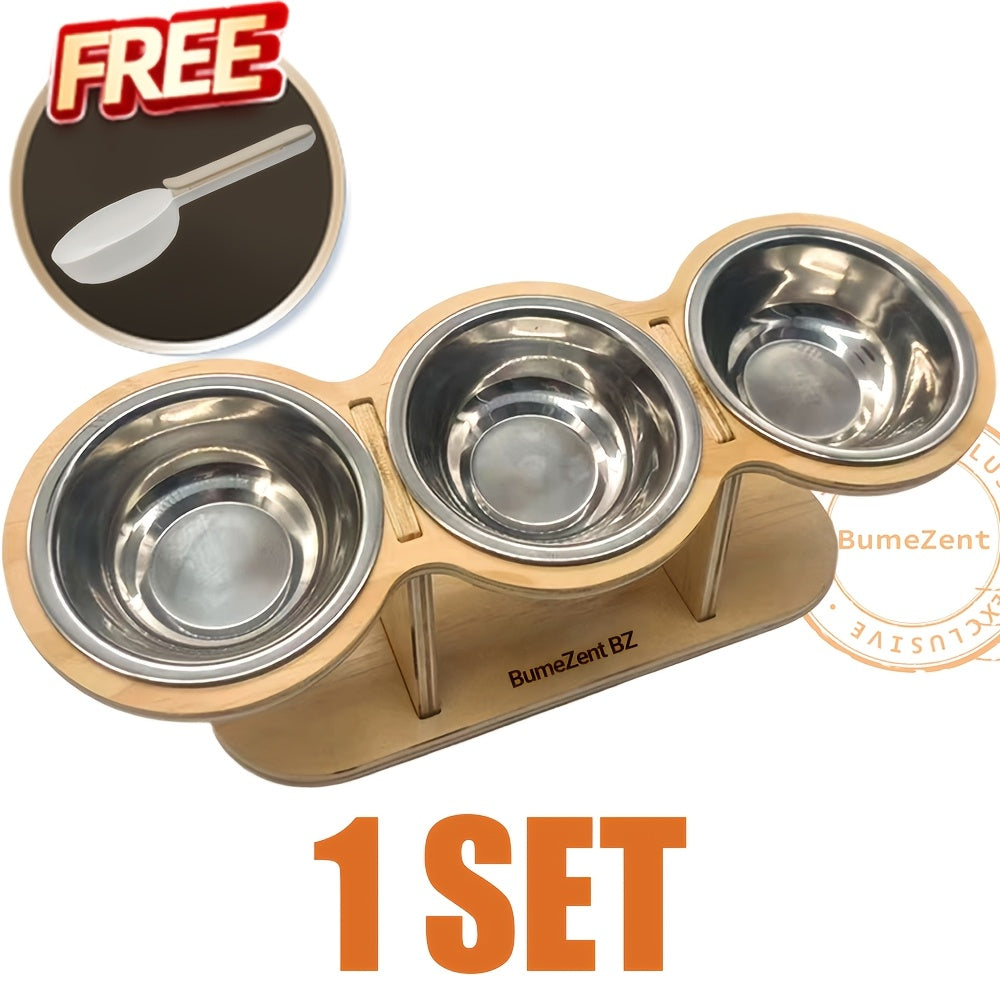 Elevated Cat Bowl Set Stainless Steel – Food & Water Bowls on Stand with Divider Spoon for Cats, Kittens, Puppies & Small Pets