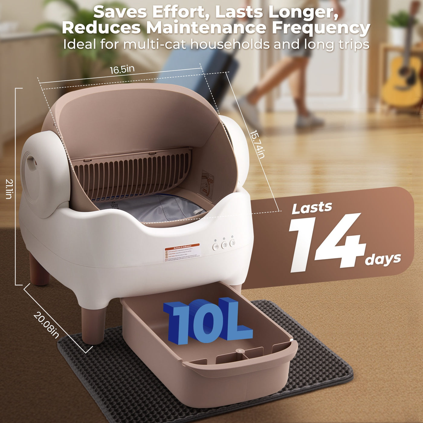 Self-Cleaning Cat Litter Box App Control Open Top Smart Auto Litter Box with Infrared Sensors Dual Deodorization Ultra-Quiet Kitten Safe 10L Waste Bin