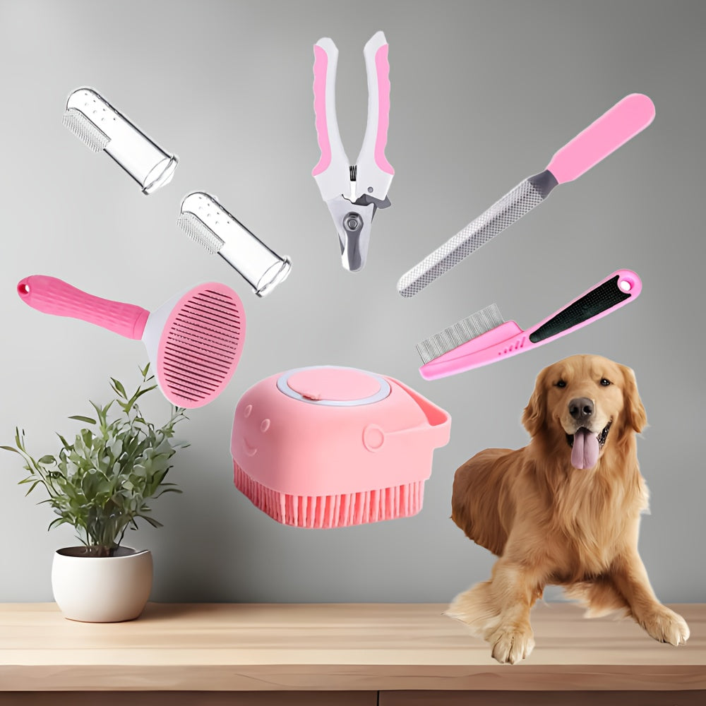 7-in-1 Pet Grooming Kit for Dogs & Cats – Self-Cleaning Slicker Brush, Nail Clippers, Shampoo Bath Brush, Dental Care Set for Puppies & Cats | Pink & Blue, 9pcs