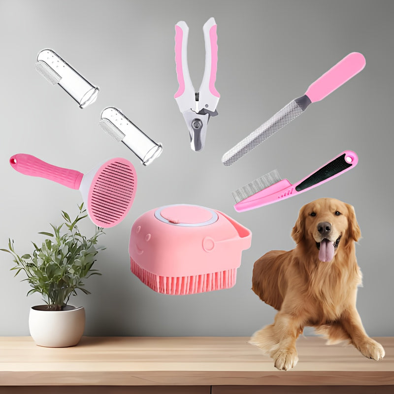 7-in-1 Pet Grooming Kit for Dogs & Cats – Self-Cleaning Slicker Brush, Nail Clippers, Shampoo Bath Brush, Dental Care Set for Puppies & Cats | Pink & Blue, 9pcs