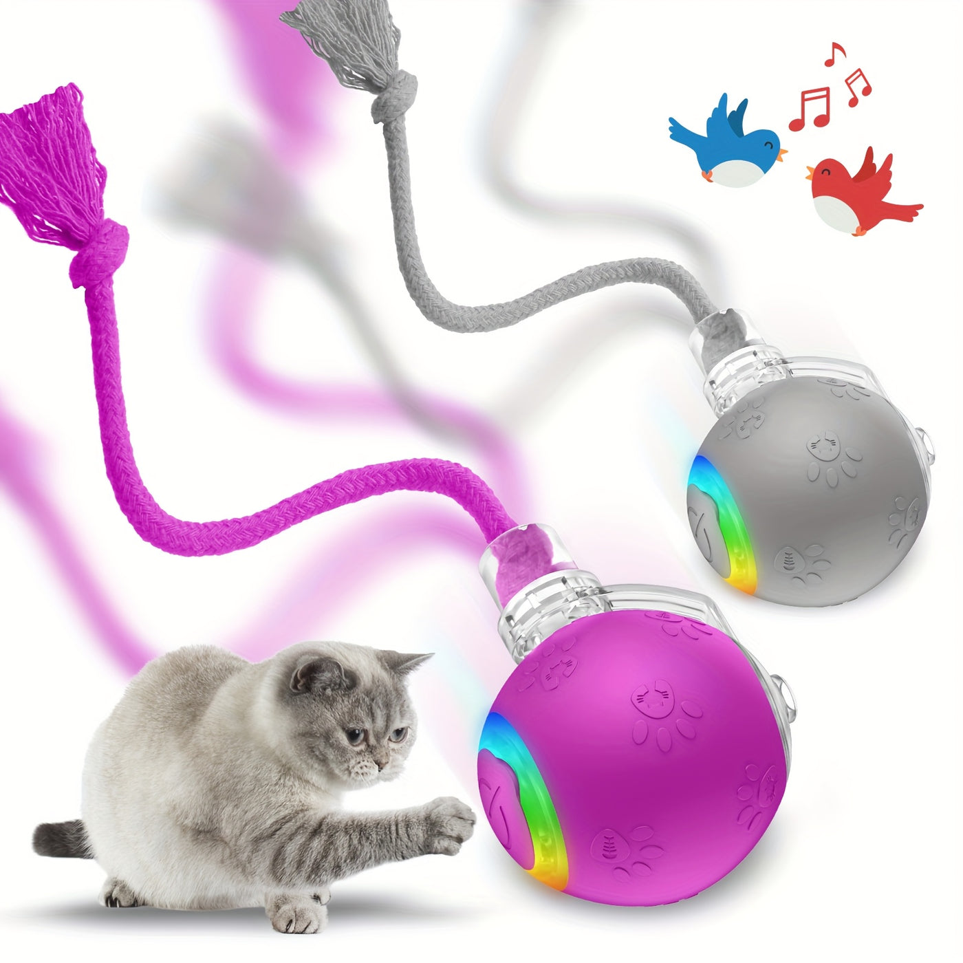 Motion-Activated Smart Cat Toy 2-Pack USB Rechargeable with Bird Sounds Colorful Lights - Interactive Self-Play for Indoor Cats & Kittens