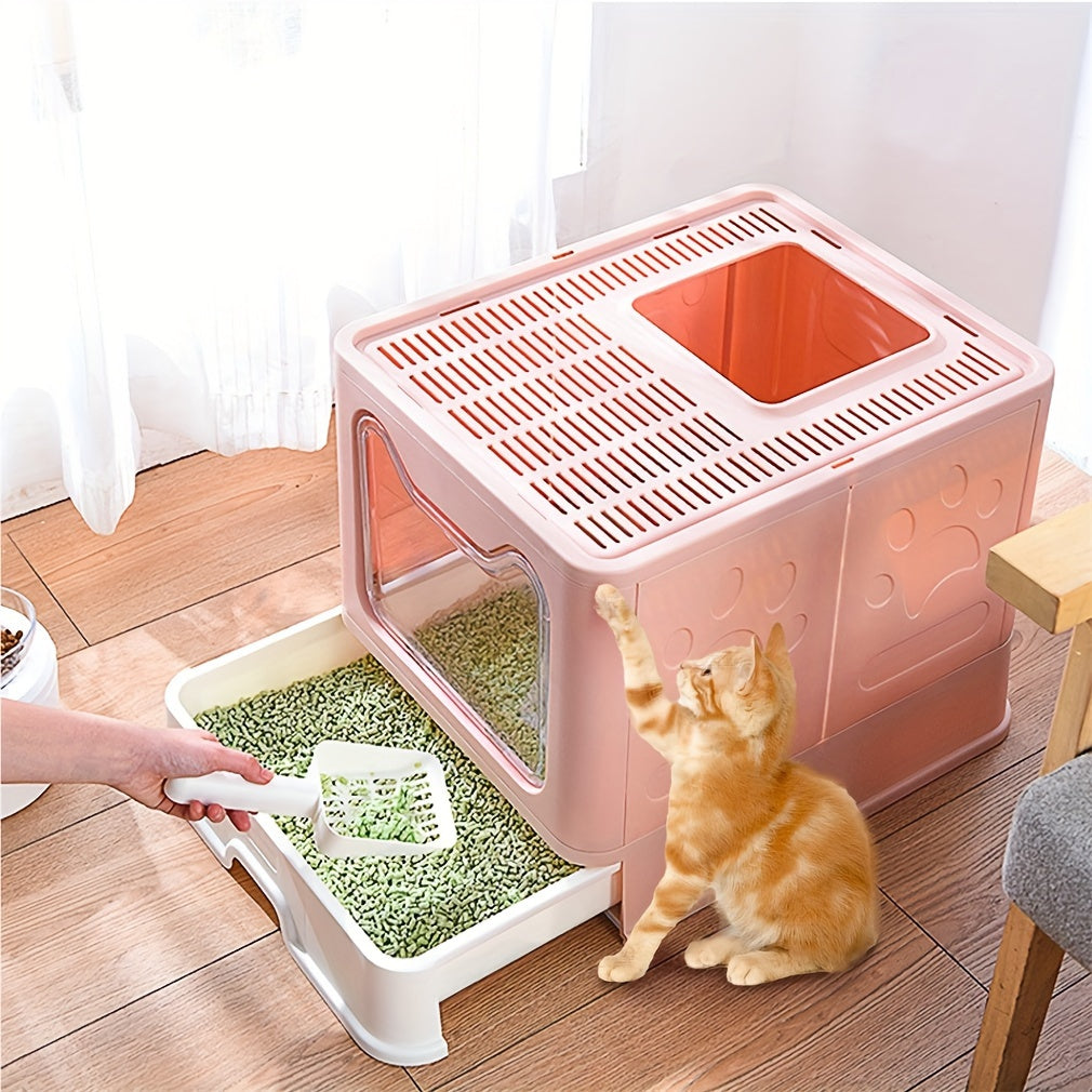 Large Top-Entry Cat Litter Box with Drawer Tray & Scoop - Odor Control Self-Cleaning Cat Toilet for Cats Up to 10kg, Modern Design Foldable Litter Box, Gray/Pink