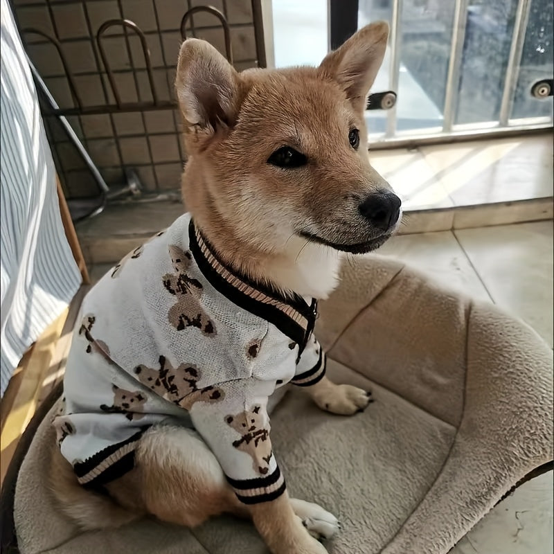 Dog Cardigan Sweater Bear Print with Button Closure – Warm Knitted Fleece-Lined Puppy Shirt, Adjustable Collar, Elastic & Embroidered, Small Breeds Bichon Teddy Schnauzer, Spring Summer