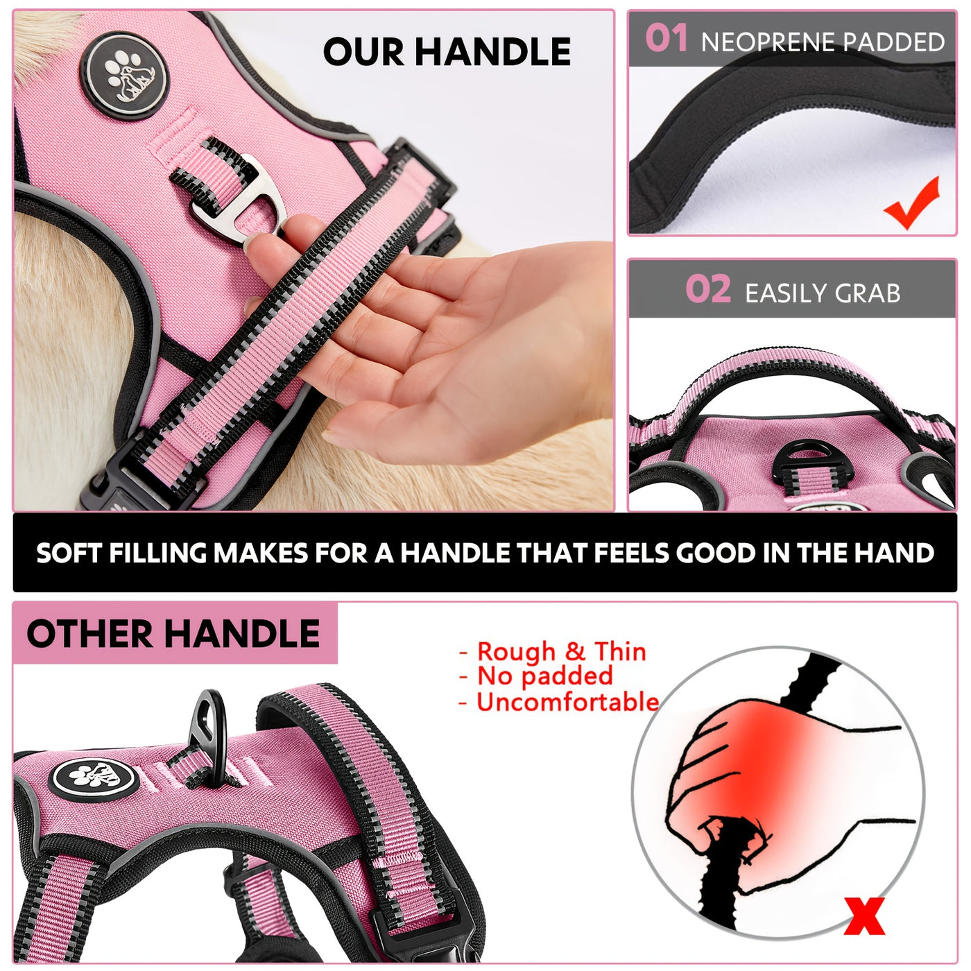 Complete Dog Walking Set – No-Pull Harness + Collar + Leash + Retractable Seatbelt + Storage Strap, Fully Reflective Breathable Vest with Handle for Small & Large Dogs, Sizes XS-XL