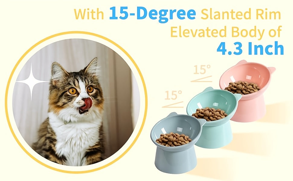Raised Cat Bowls Set of 3 Cat Ear Shaped – Tri-Color Elevated Anti-Slip Feeder Dish for Multi-Cat Households, Neck Comfort Design (Pink/Green/Blue)
