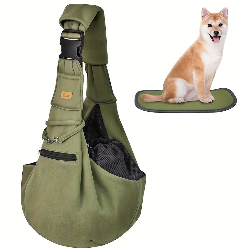 Adjustable Pet Sling Carrier with Padded Hard Bottom – Soft Dog & Cat Shoulder Bag with Drawstring Closure for Comfortable Travel | Khaki, Purple, Army Green, Blue, Grey