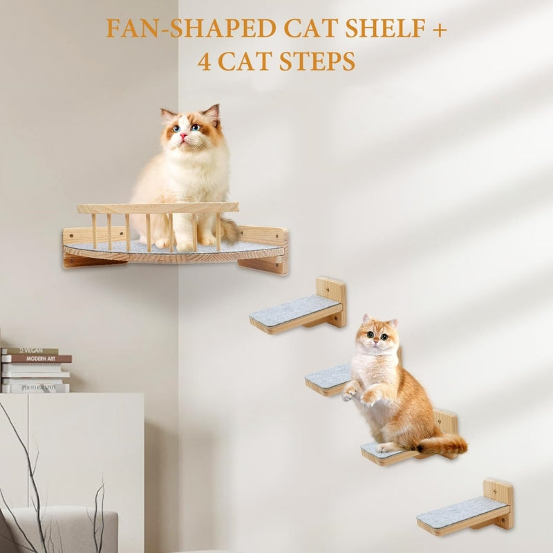 Wall Mounted Cat Shelves 5-Piece Set with Climbing Steps & Felt Pads – Cat Wall Furniture Hammock Rack, Holds 20 lbs, Black or White Wood