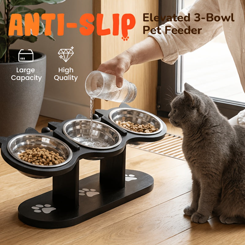 Elevated Cat Bowls 15° Tilted Stainless Steel – Raised Bowl Stand Feeder with Anti-Spill Wooden Base, Set of 2 or 3, for Cats & Small Dogs
