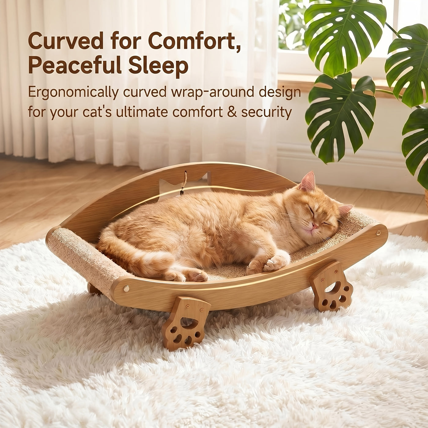Sisal Cat Scratcher Lounge Chair with Hanging Ball Toy – Solid Wood Curved Cat Bed & Scratching Pad, Furniture Protector for Indoor Cats