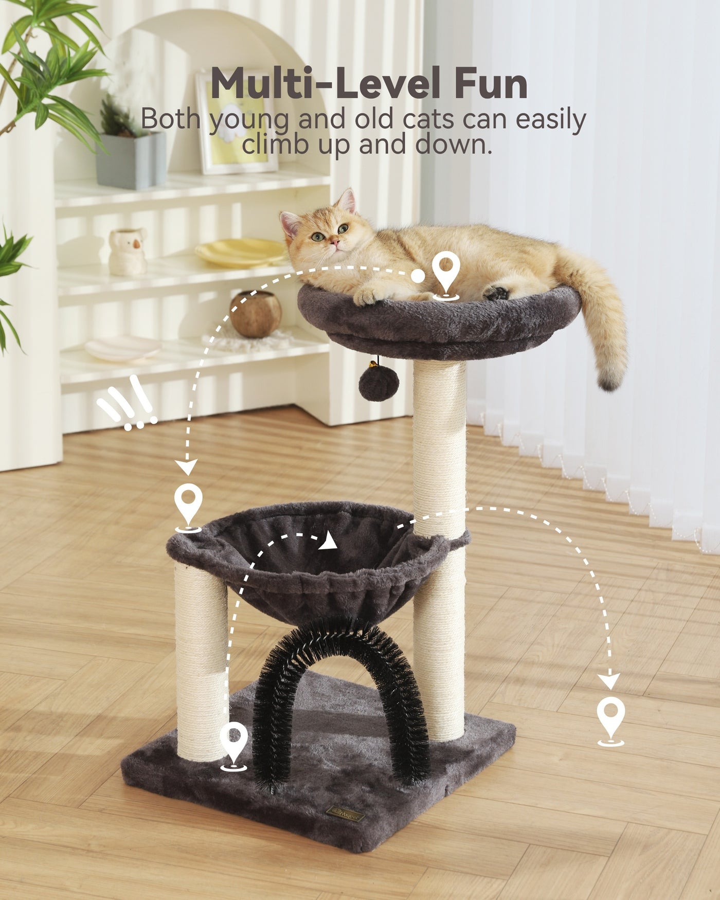 Cat Tree Tower 27.8" for Indoor Cats – Multi-Level Scratching Post with Plush Basket, Perch & Dangling Ball for Kittens and Small Cats, Grey