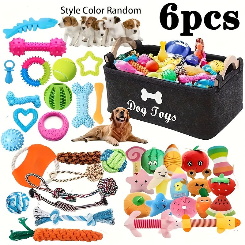 Dog Toy Set 6 or 12 Pcs – Fabric Chew Toys with Squeakers, Knot Toys & Balls, Teeth Cleaning, All Breed Sizes, Cartoon Pattern, No Battery Needed