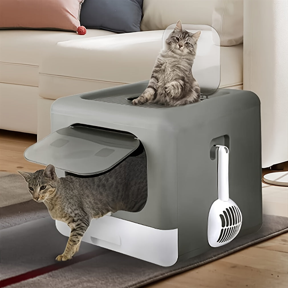 Large Top-Entry Cat Litter Box with Drawer Tray & Scoop - Odor Control Self-Cleaning Cat Toilet for Cats Up to 10kg, Modern Design Foldable Litter Box, Gray/Pink