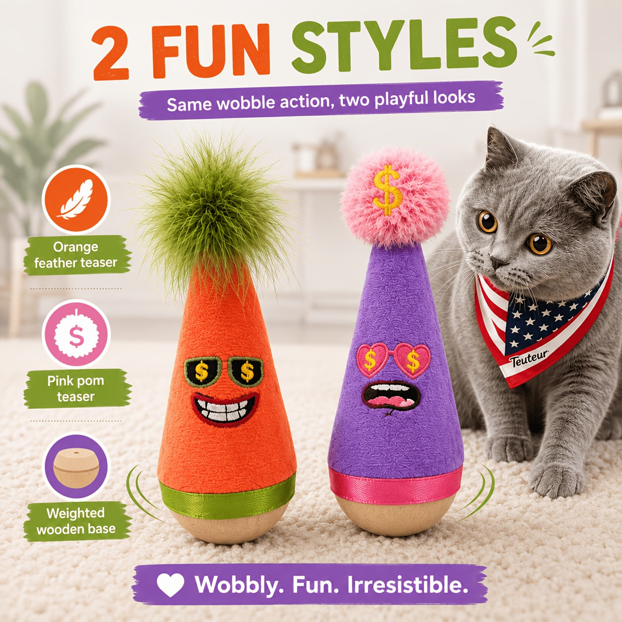 Catnip Wobble Feather Cat Toy with Mint Powder - Interactive Hunting Chase Toy for Kittens & Adult Cats Self-Play Indoor Exercise