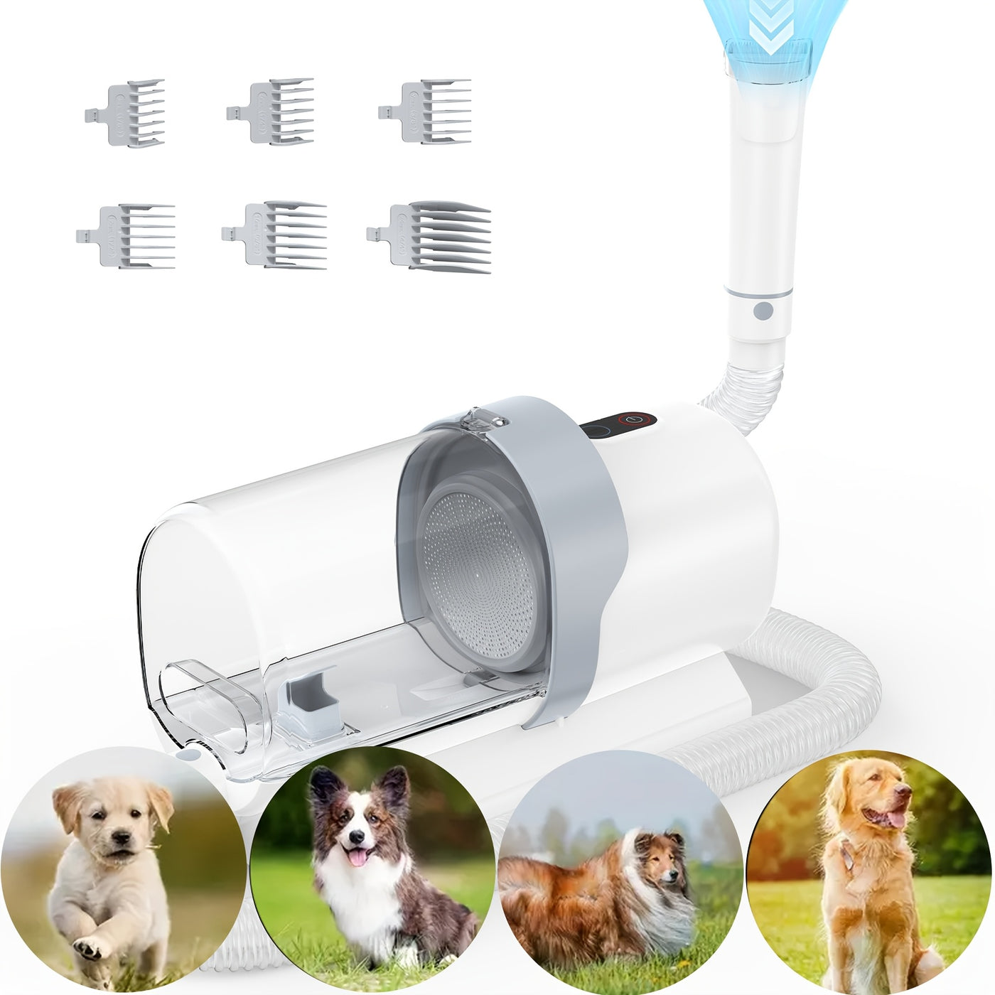 Pet Grooming Vacuum Kit 5-in-1 – Dog & Cat Hair Clipper with 99% Suction Vacuum, 6 Guide Combs, Professional Low-Noise Grooming Tools for Dogs Cats, White Grey & White Blue