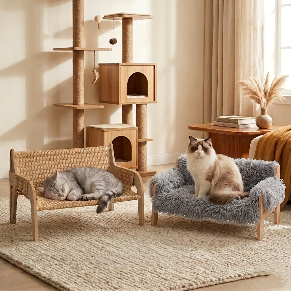 Elevated Pet Sofa Bed - Solid Wood Lounge Chair for Cats & Dogs, Modern Pet Furniture, Replaceable Mattress, Bamboo Mat & Fleece Options, White & Grey