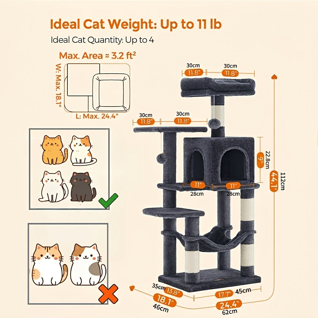 Multi-Level Cat Tree Tower with Cave & Plush Hammock - 44/66/79in Tall Cat Condo, 4 Sisal Scratching Posts, 2 Perches, Anti-Tilt, Pompom Toys for Multi-Cat Families, 5 Colors