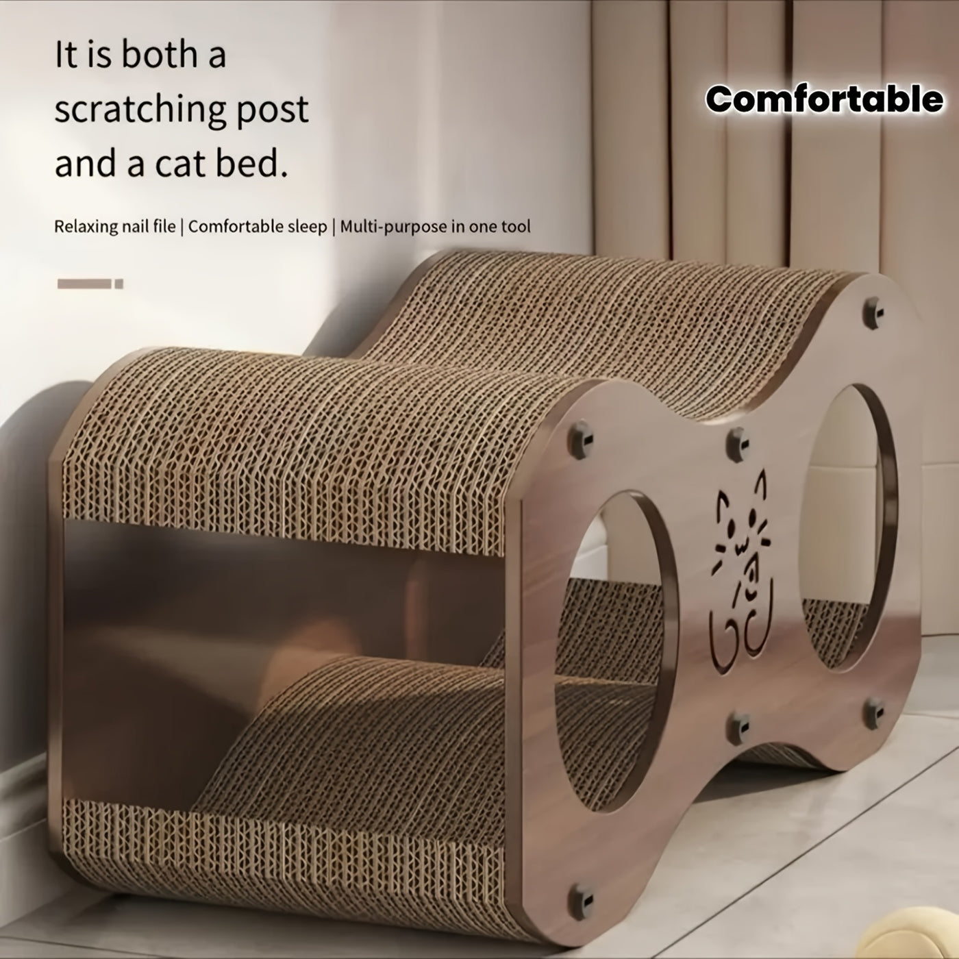 Cat Scratching Post with Integrated Woven Bed & Cat Toy - Sturdy Wood Base 4-Season Scratch Pad for Indoor Cats, Lounging & Play, Oak or Walnut Color