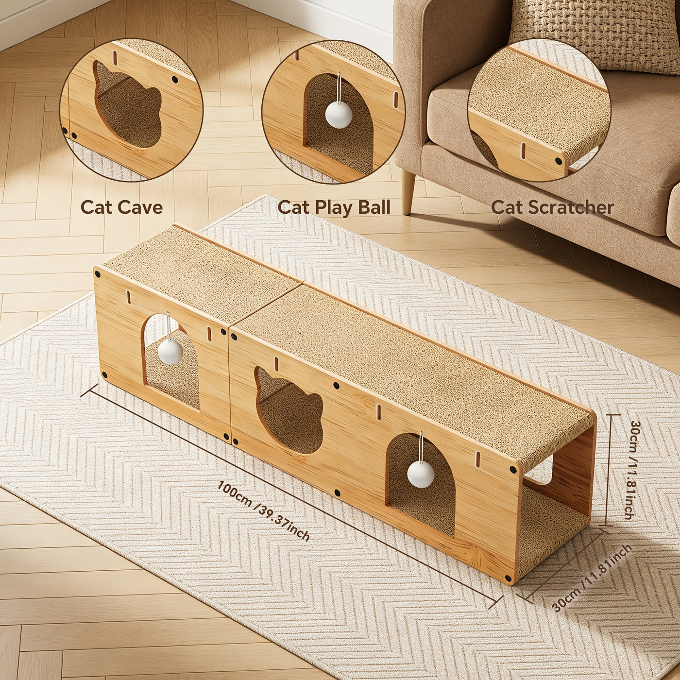 Cat Scratcher Tunnel Bed with Wood Frame Extra Large Donut Cat Tunnel with Scratching Board & Plush Balls - Anti-Scratch Toy for Medium & Large Cats, Cardboard Cat House