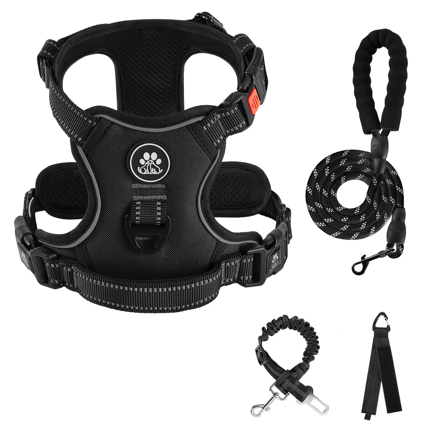 Complete Dog Walking Set – No-Pull Harness + Collar + Leash + Retractable Seatbelt + Storage Strap, Fully Reflective Breathable Vest with Handle for Small & Large Dogs, Sizes XS-XL