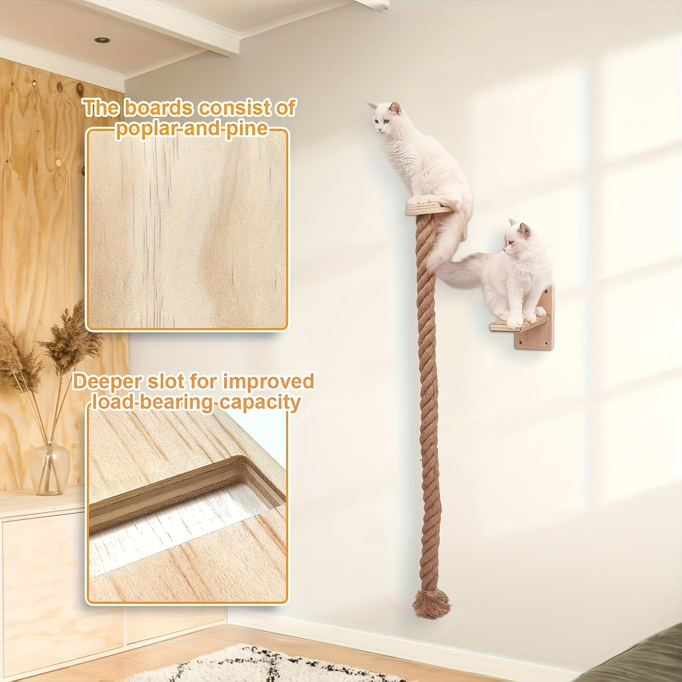 Wall-Mounted Cat Climbing Rope & Jumping Platform – Natural Hemp, Space-Saving Cat Wall System Accessory for Indoor Cats & Kittens, 2 Styles