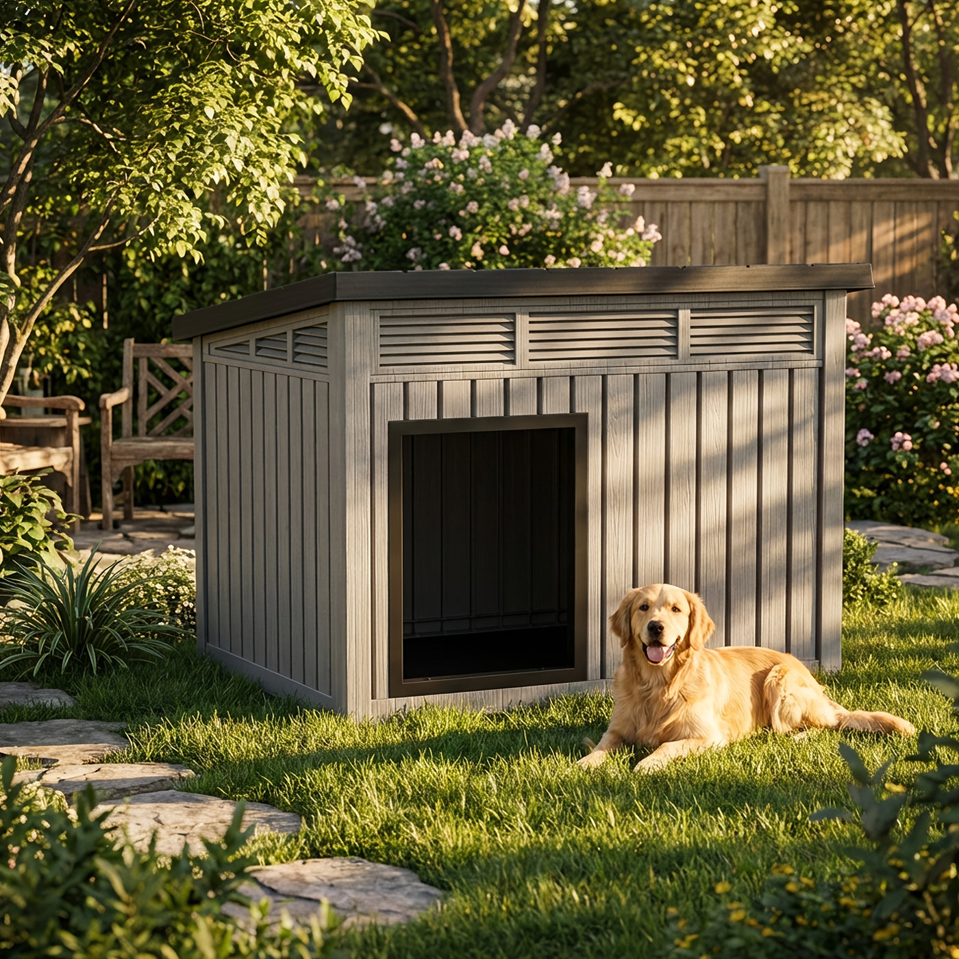 XXXL Outdoor Dog House for Large Dogs – All-Weather Resin Kennel with Gas-Lift Ventilated Canopy, UV-Proof & StormProof Design, Easy Assembly Shelter for Multi-Pet Households