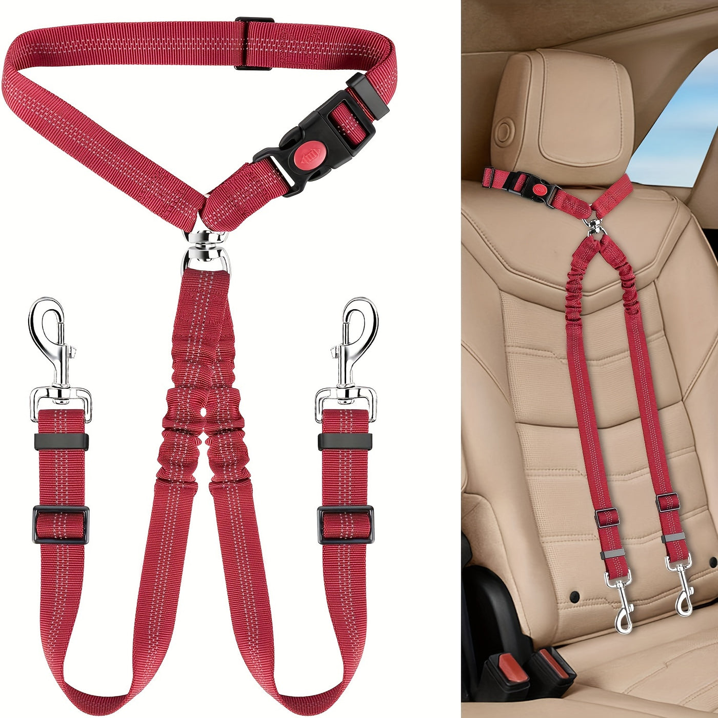 Dual Dog Car Seat Belt for 2 Dogs – No-Tangle Headrest Restraint with Adjustable Bungee, Safe Pet Car Safety Harness for Small Medium Large Dogs, Black Pink Red
