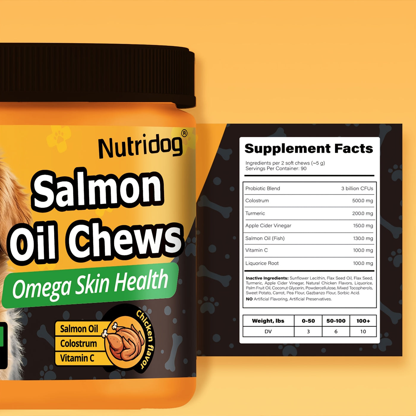 Dog Supplement Chews 90ct with Probiotics and Salmon Oil – Coat and Gut Health Chicken Flavor Soft Chews for All Ages