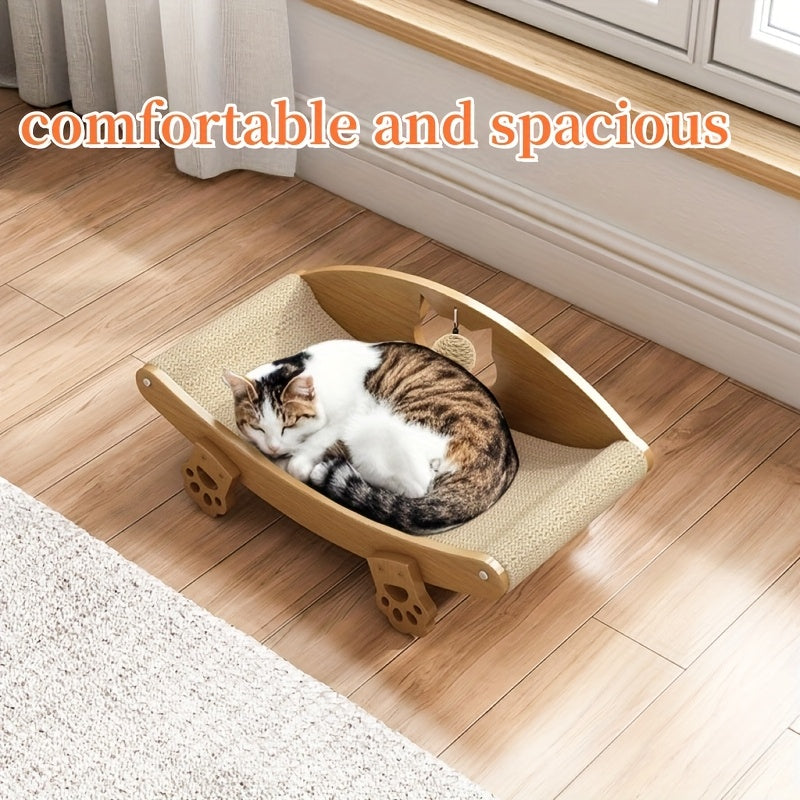 Sisal Cat Scratcher Lounge Chair with Hanging Ball Toy – Solid Wood Curved Cat Bed & Scratching Pad, Furniture Protector for Indoor Cats