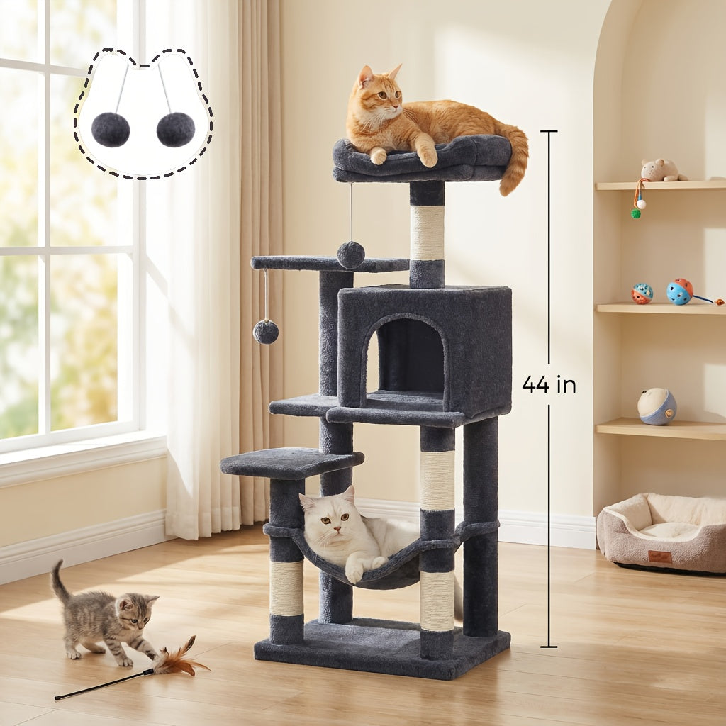 Multi-Level Cat Tree Tower with Cave & Plush Hammock - 44/66/79in Tall Cat Condo, 4 Sisal Scratching Posts, 2 Perches, Anti-Tilt, Pompom Toys for Multi-Cat Families, 5 Colors