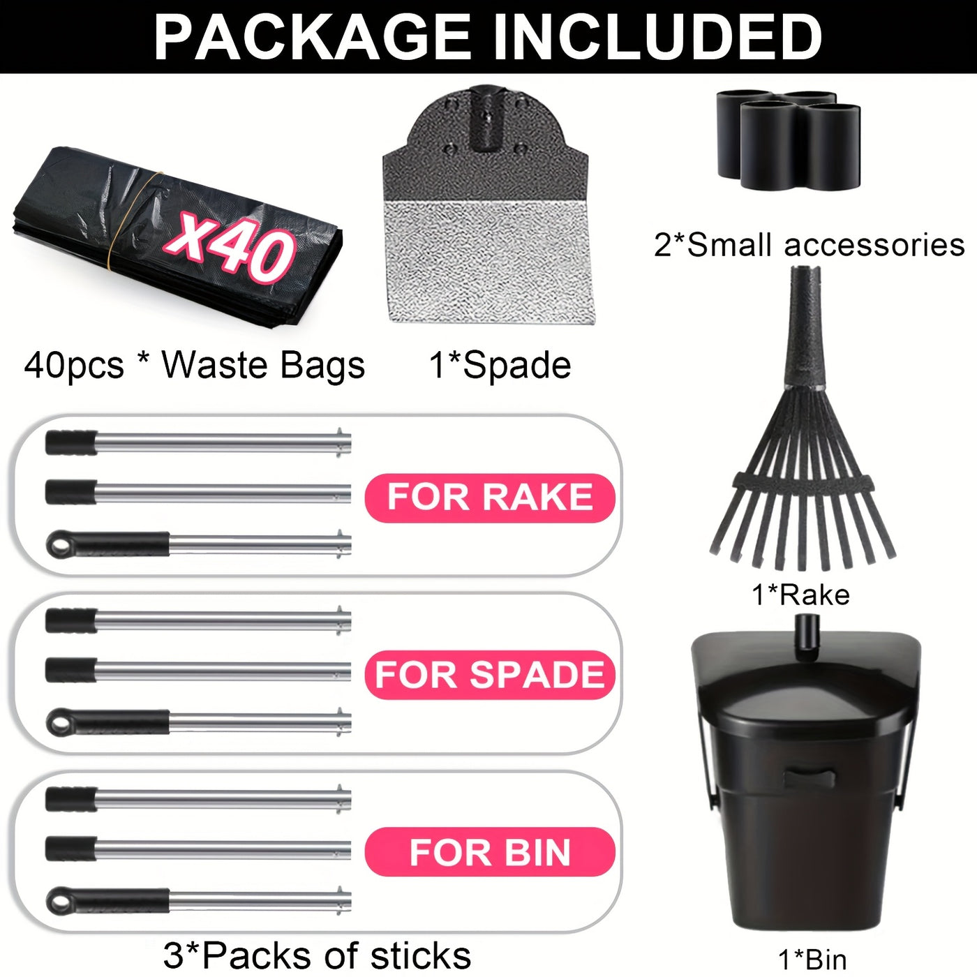 Dog Pooper Scooper Set Heavy Duty – Long Handle with Swivel Bin, Rake & Spade for Grass, Dirt & Gravel, Includes 40 Waste Bags, 2 or 3 Piece Set for Large Dogs