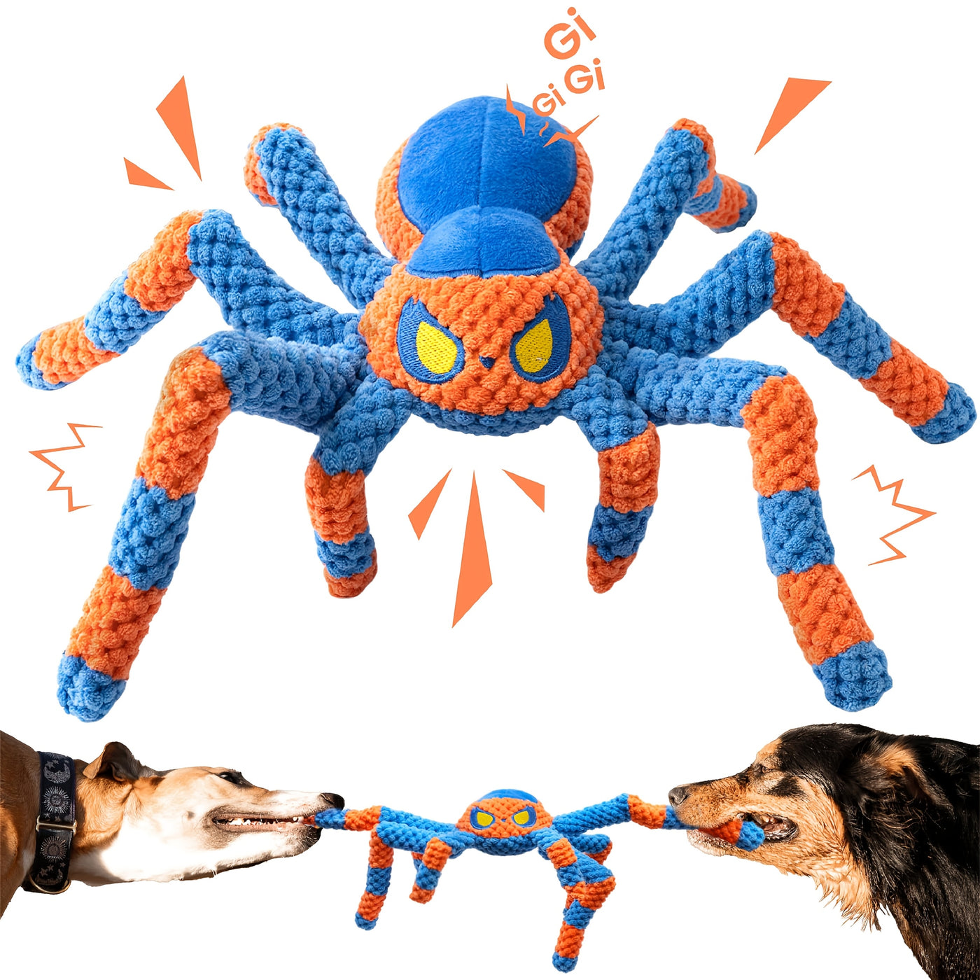 Squeaky Spider Dog Toy – Large Interactive Crinkle Tug of War Toy to Keep Dogs Busy, No Battery Needed, Funny Plush Dog Toy for Puppies & Large Breeds, Red & Blue