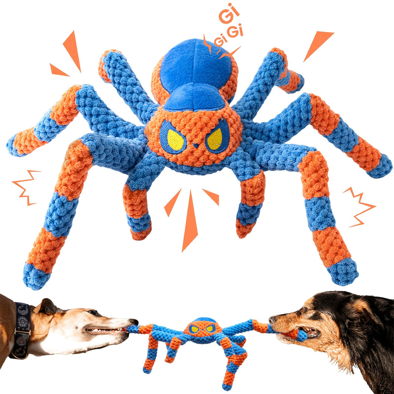 Squeaky Spider Dog Toy – Large Interactive Crinkle Tug of War Toy to Keep Dogs Busy, No Battery Needed, Funny Plush Dog Toy for Puppies & Large Breeds, Red & Blue