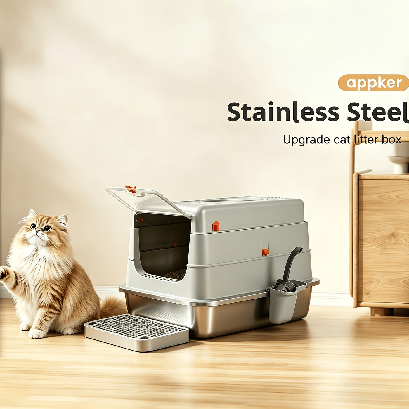 Stainless Steel Cat Litter Box XL Enclosed Odor-Proof with Scoop Step Pedal & Carbon Deodorizer for Large Cats