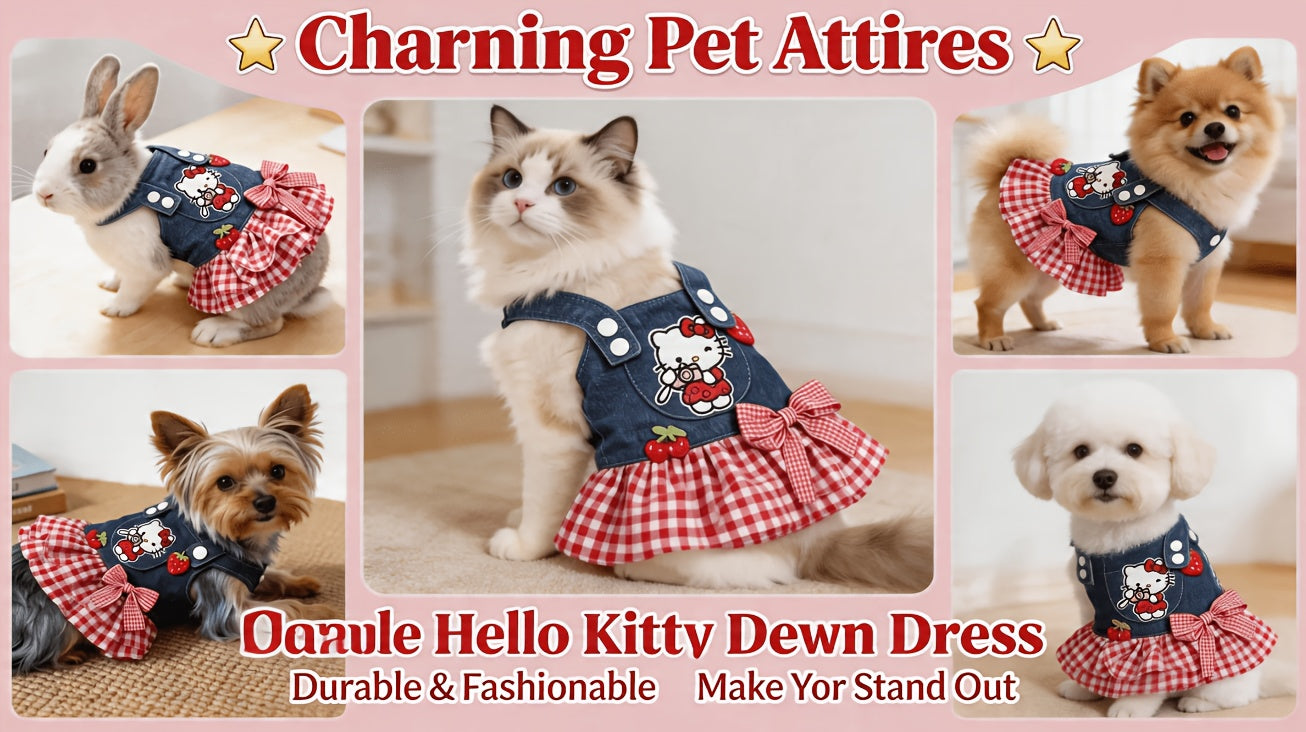 Hello Kitty Pet Dress Red White Plaid Pleated Skirt with 3D Bow & Strawberry – Sanrio Licensed Holiday Party Dress for Small Dogs Cats, XS-XL, Christmas Gift