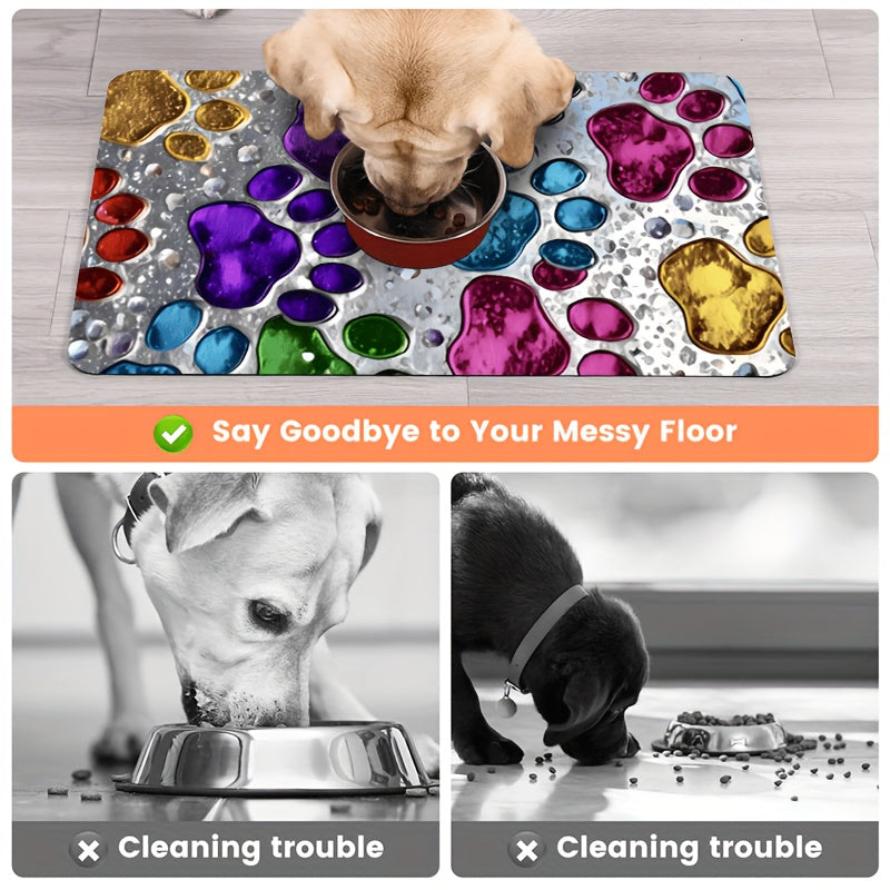 Pet Feeding Mat Absorbent Splash-Proof Non-Slip – Quick-Dry Heavy-Duty Floor Protector for Dogs & Cats, Colorful Paw Pattern, S/M/L/XL