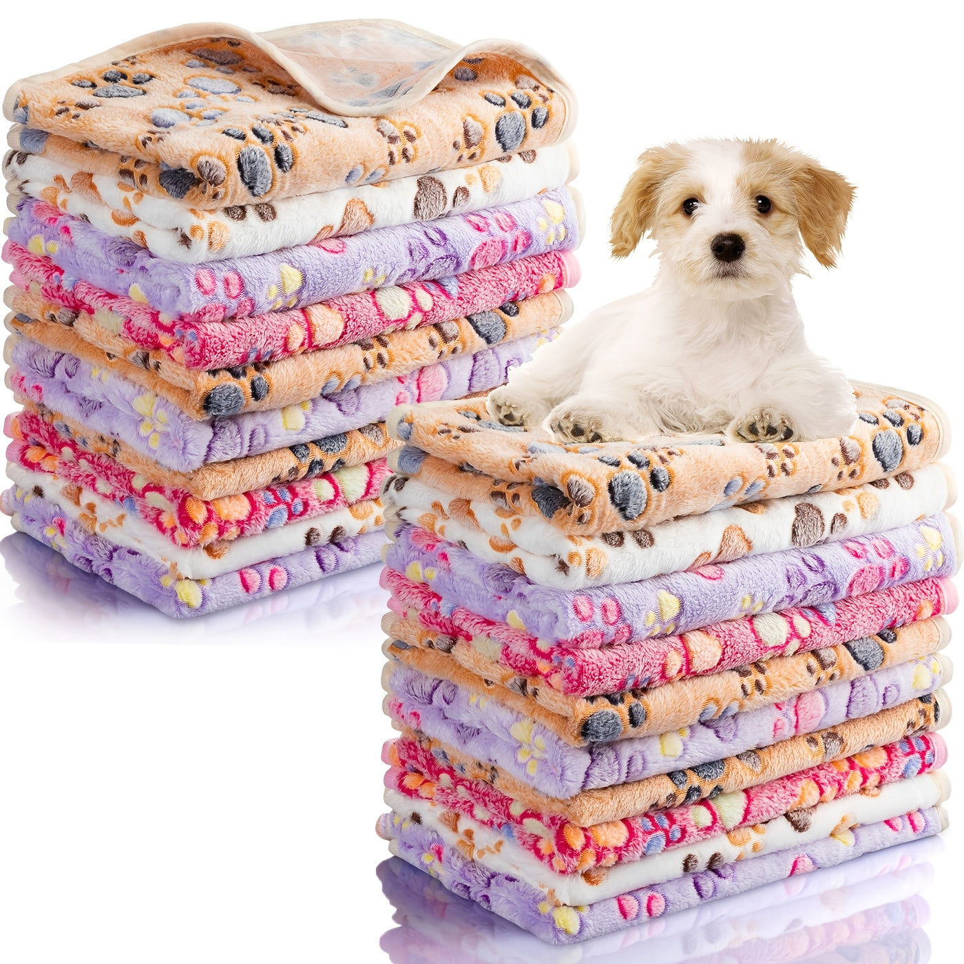 Soft Fleece Pet Blankets 40-Pack Washable Paw Print Throw for Dogs & Cats - Warm Cozy Puppy Kitten Bed Mat 24x16 Inch in 4 Colors for Small Dogs & Cats