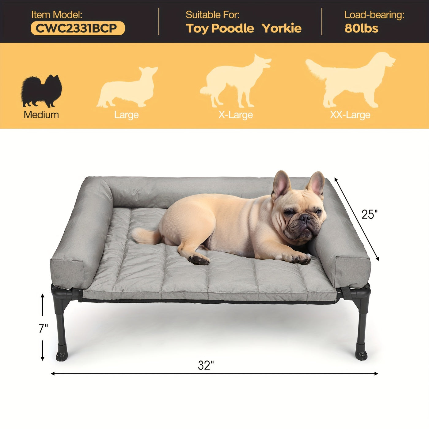 Elevated Cooling Dog Bed with Removable Pillow-Top Bolster Mat - Raised Dog Cot, Breathable Mesh, No-Slip Feet, Steel Frame, Indoor & Outdoor, 4 Sizes, 5 Colors