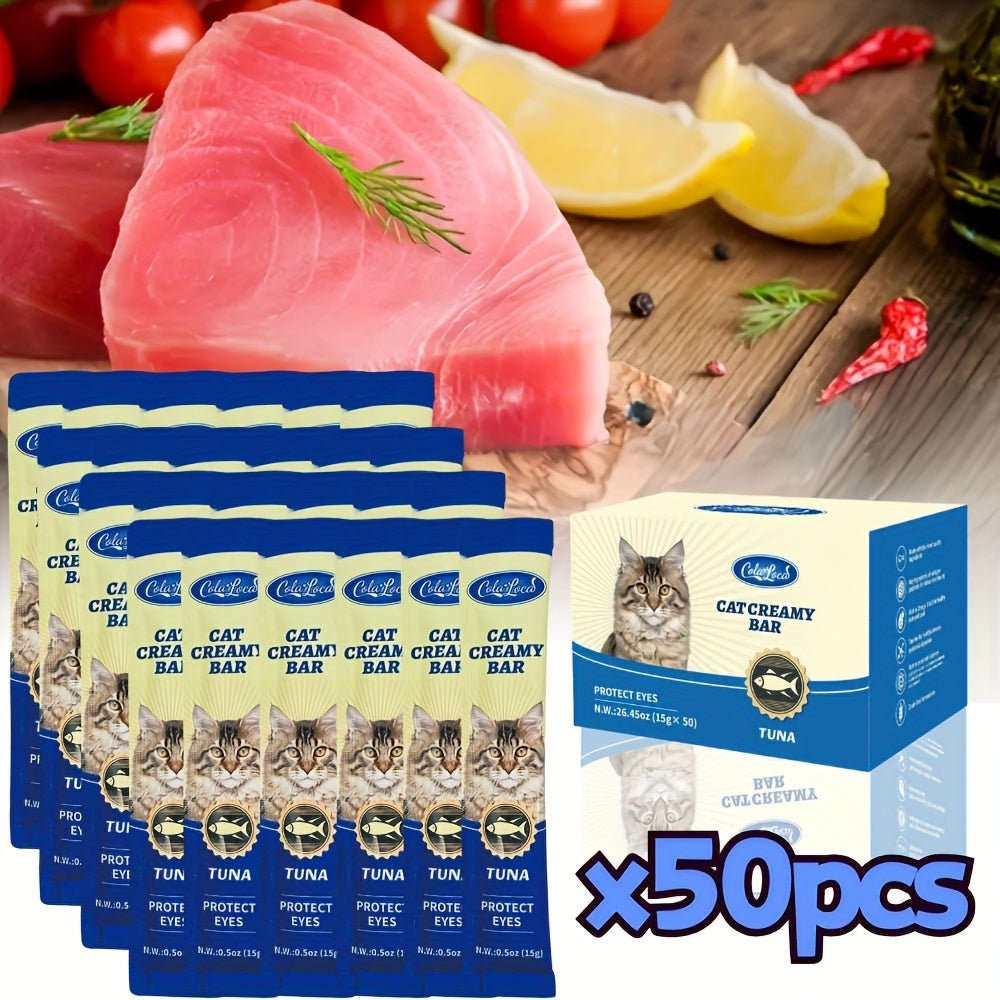 Squeezable Wet Cat Food Strips 50pcs Variety Pack Chicken Tuna Salmon Mixed Flavors Soft Lickable Cat Treats Hydration Snack