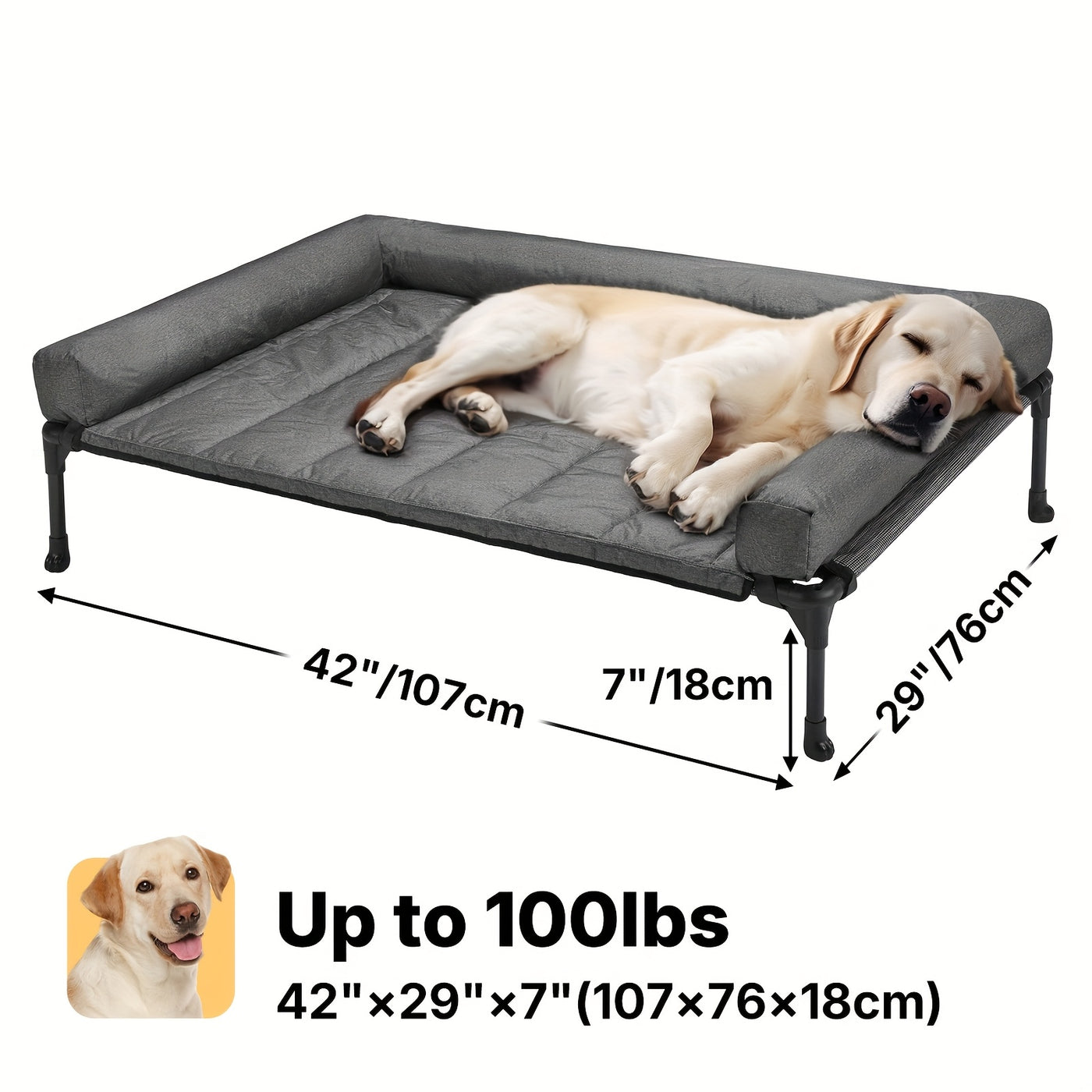 Elevated Cooling Dog Bed with Removable Pillow-Top Bolster Mat - Raised Dog Cot, Breathable Mesh, No-Slip Feet, Steel Frame, Indoor & Outdoor, 4 Sizes, 5 Colors