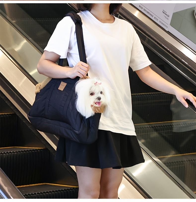 Winter Pet Carrier Handbag Open Top – Cozy Snap Closure Small Dog & Cat Tote Bag for Cold Weather Outdoor Activities, Dark Blue Grey Green Beige