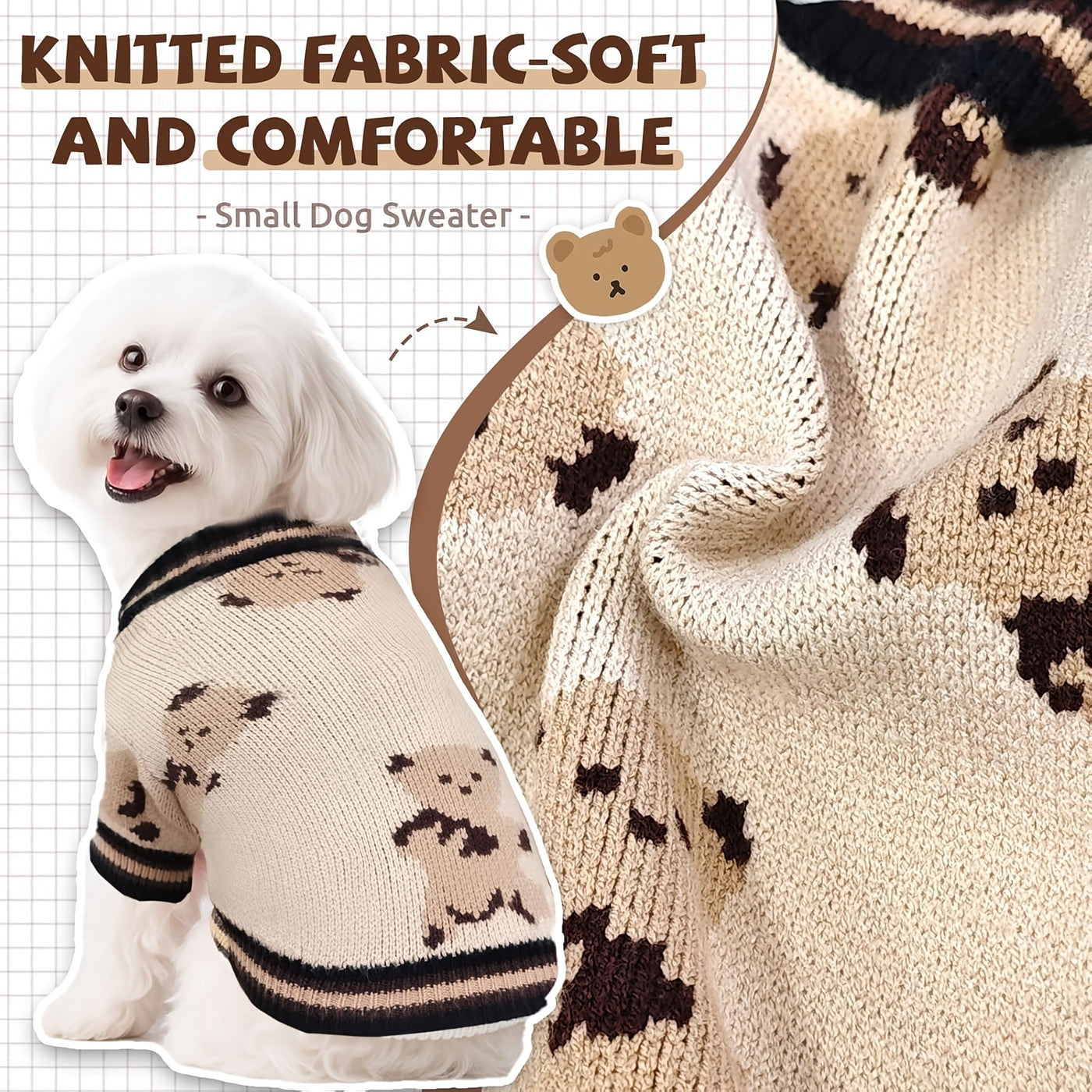 Dog Cardigan Sweater Bear Print with Button Closure – Warm Knitted Fleece-Lined Puppy Shirt, Adjustable Collar, Elastic & Embroidered, Small Breeds Bichon Teddy Schnauzer, Spring Summer