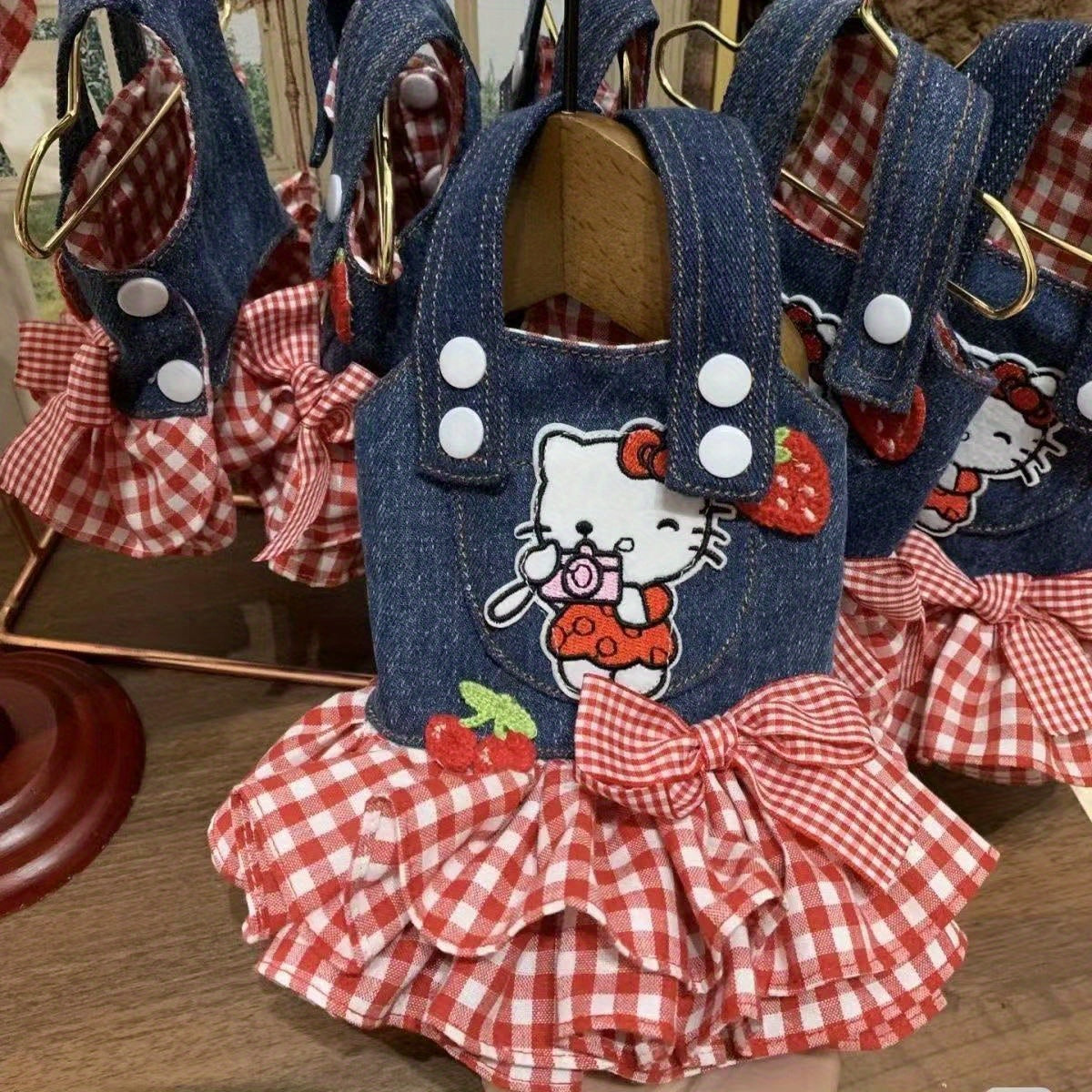 Hello Kitty Pet Dress Red White Plaid Pleated Skirt with 3D Bow & Strawberry – Sanrio Licensed Holiday Party Dress for Small Dogs Cats, XS-XL, Christmas Gift