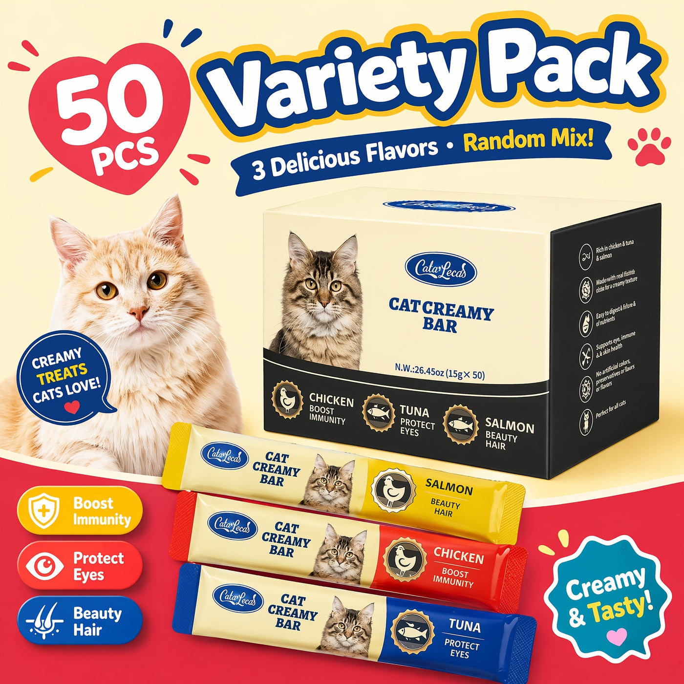 Squeezable Wet Cat Food Strips 50pcs Variety Pack Chicken Tuna Salmon Mixed Flavors Soft Lickable Cat Treats Hydration Snack