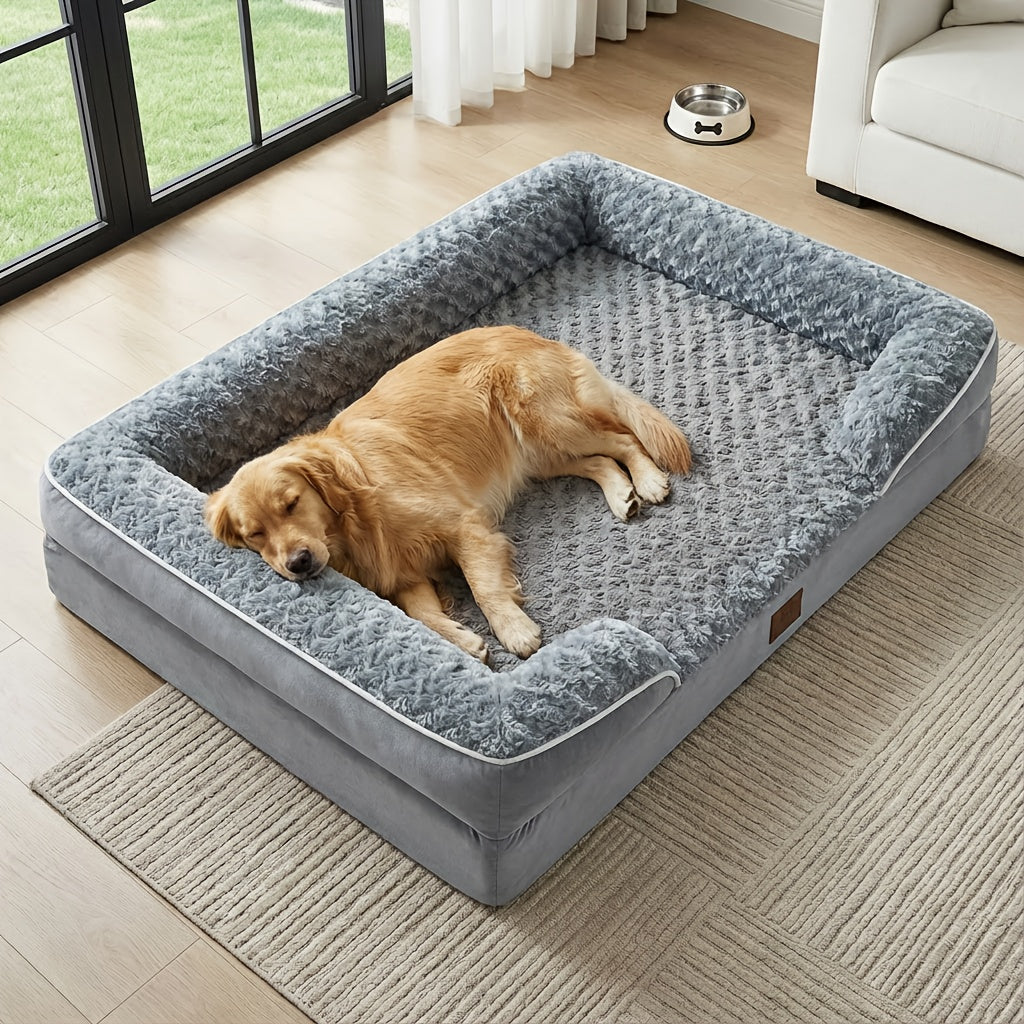 Orthopedic C-Shape Dog Sofa Bed for Extra Large Dogs – 3.5" Bolster, Plush Washable Removable Cover & Nonslip Bottom, Gray